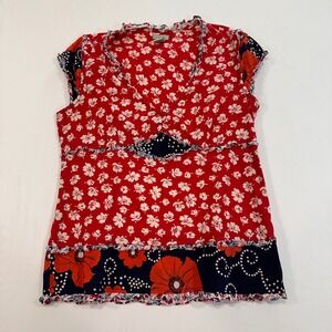 Odille Anthropologie Floral Mixed Print Top Womens 6 Red Ruffle | Cottagecore